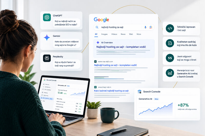 Ilustracija AI pretrage: pitanja u ChatGPT-u, Gemini-ju i Perplexity-ju, Google AI Overview i izveštaj o generativnoj AI u Search Console-u